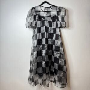 Preowned Dressed in Lala Star Energy Plaid Organza Dress Black White Size M